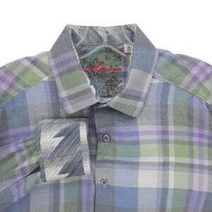 ROBERT GRAHAM Shirt Flip Cuff 100% Cotton classic Fit Purple Green Plaid MEDIUM